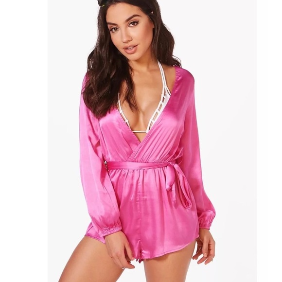 Boohoo Other - BOOHOO Pink Glossy Satin Playsuit Romper cover-up